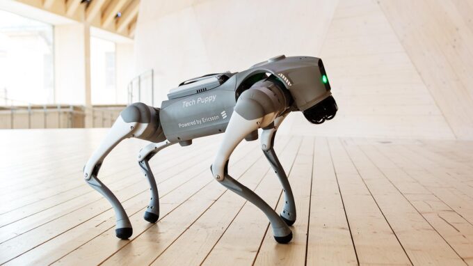 En robothund som står i trähallen