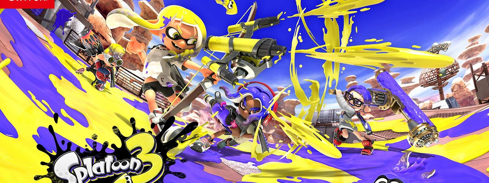 omslagsbild som vissar en animerade karaktär med färgpistol som sprutar färg på en annan karaktär. Omslag för splatoon 3, nintendo spel.