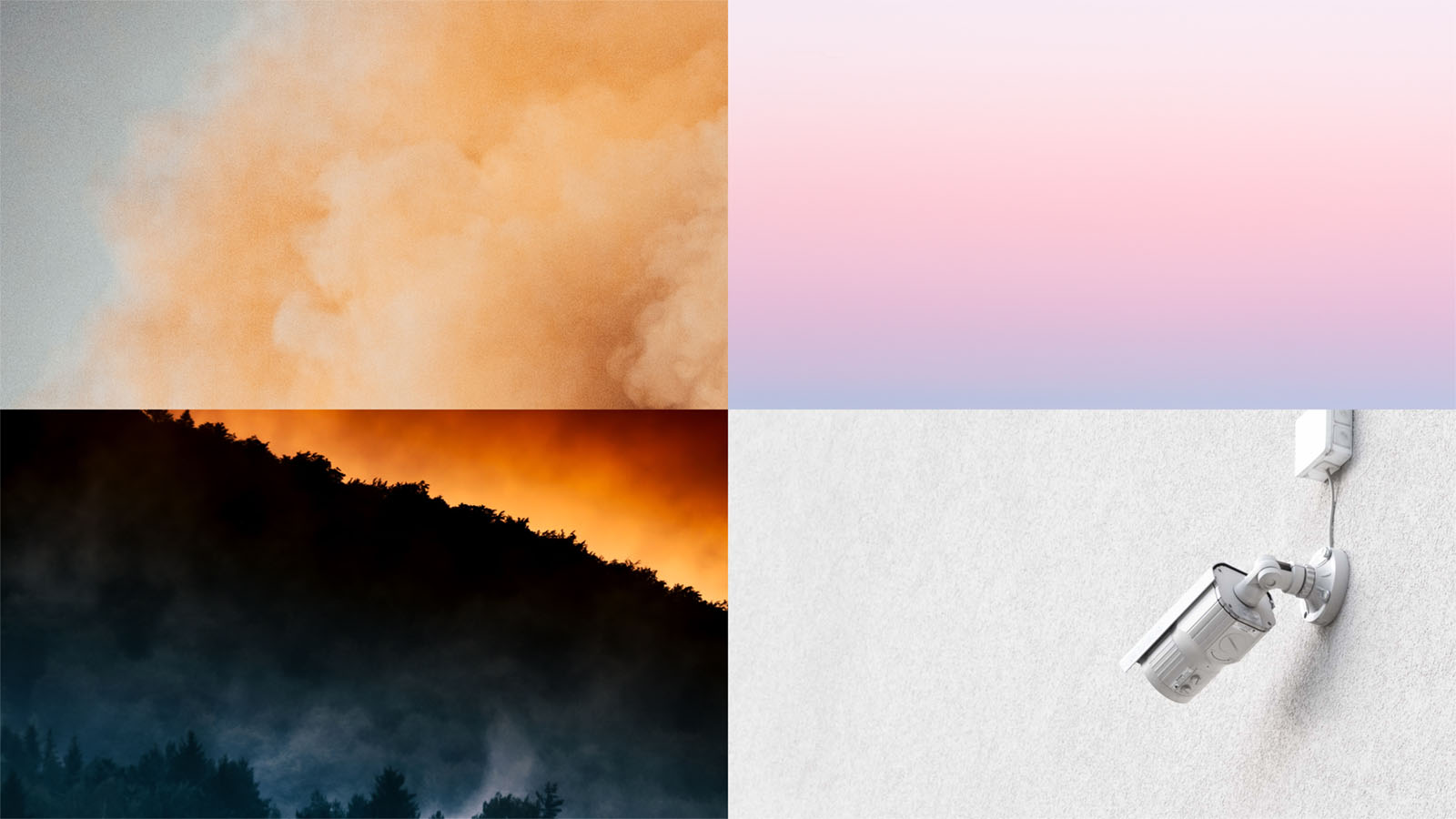 Splitbild som visar i första rutan ett orange moln, en rösa himmel, en skogsbrand och en övervakningskamera