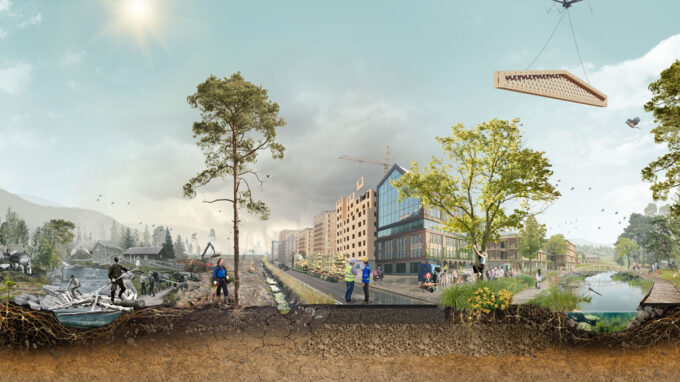 Illustration på träd, byggnader och framtidens stad